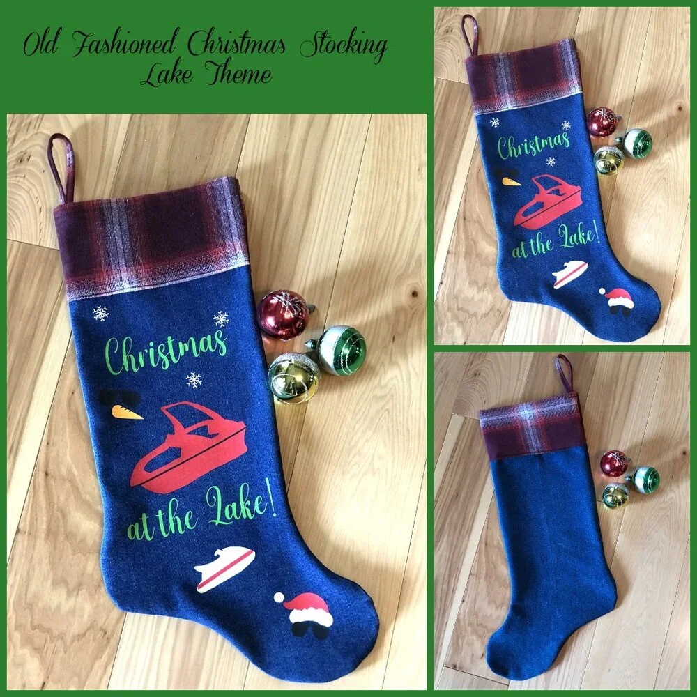 Denim Christmas Stocking Lake House Christmas Decor, Boating Fishing Applique